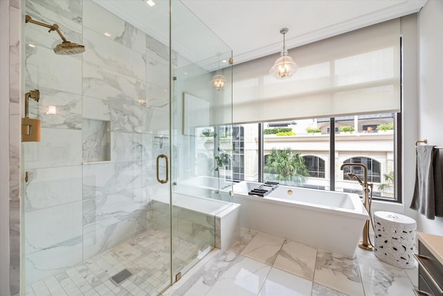 bathroom featuring a freestanding tub, crown molding, vanity, a marble finish shower, and marble finish floor