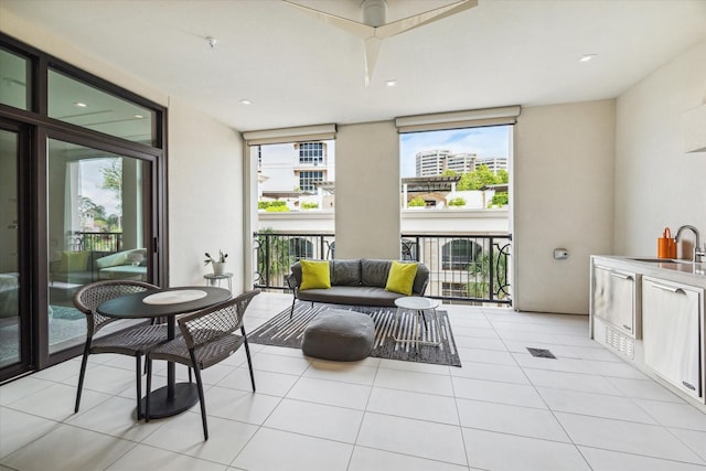 interior space with a city view and light tile patterned floors
