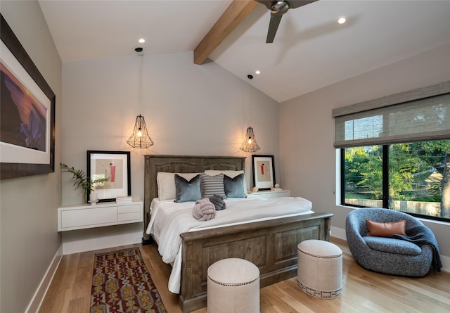 bedroom featuring baseboards, vaulted ceiling with beams, recessed lighting, and wood finished floors
