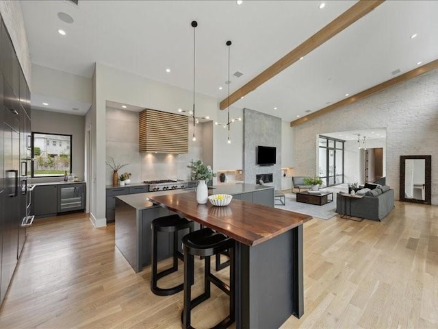 kitchen featuring gray cabinetry, light wood finished floors, modern cabinets, and extractor fan