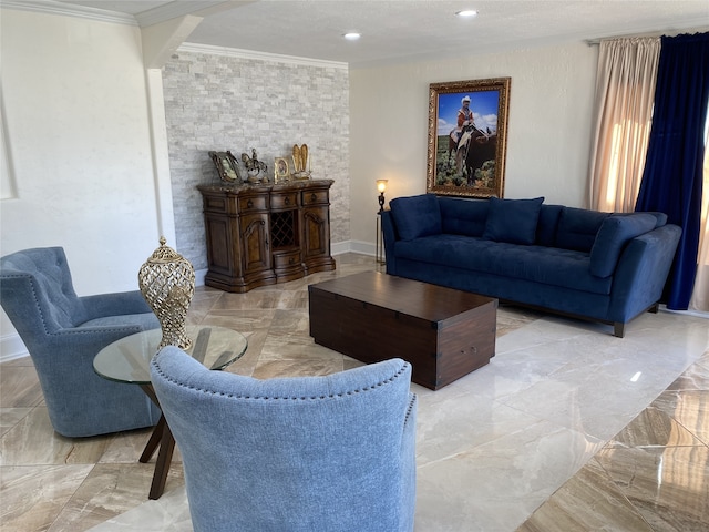 1319 Cherry Spring Dr, Houston, TX 77038 - living room with baseboards, marble finish floor, recessed lighting, and crown molding