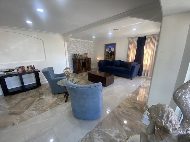 1319 Cherry Spring Dr, Houston, TX 77038 - living room with crown molding, recessed lighting, marble finish floor, visible vents, and a fireplace