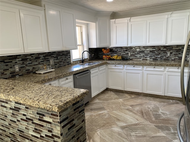 1319 Cherry Spring Dr, Houston, TX 77038 - kitchen featuring white cabinets, a sink, decorative backsplash, and stainless steel dishwasher