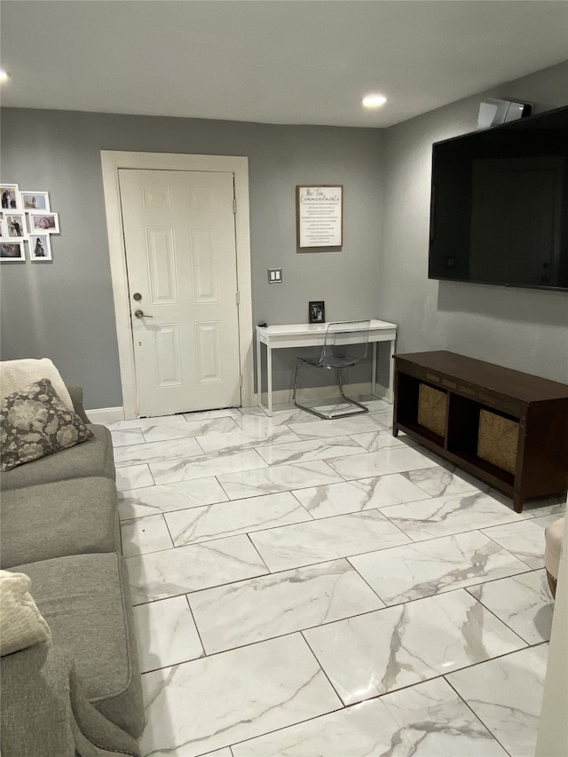 1319 Cherry Spring Dr, Houston, TX 77038 - living area with baseboards, marble finish floor, and recessed lighting