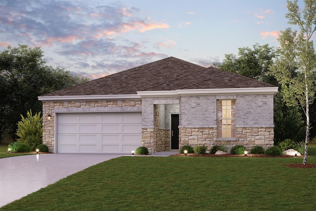 11018 Youngquist Dr, Mont Belvieu, TX 77535 - view of front facade featuring driveway, stone siding, roof with shingles, a front lawn, and a garage