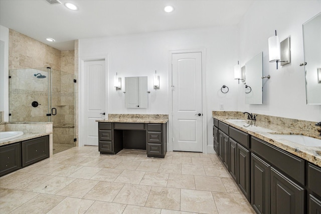 bathroom with a bath, a stall shower, vanity, and recessed lighting
