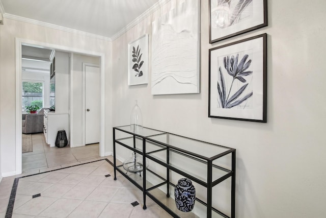 5306 Havenwoods Dr, Houston, TX 77066 - hallway with baseboards, crown molding, and light tile patterned floors