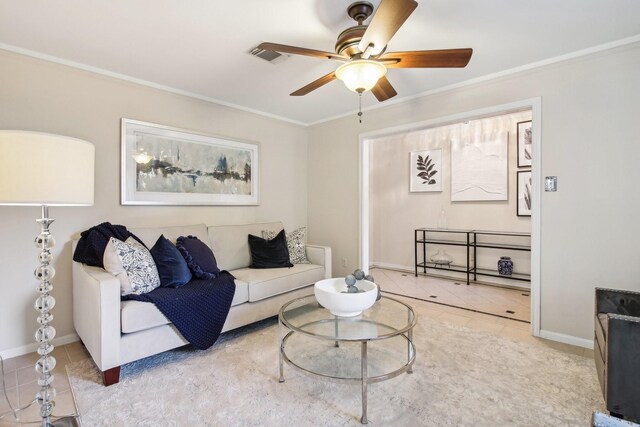 5306 Havenwoods Dr, Houston, TX 77066 - tiled living area featuring ceiling fan, crown molding, and baseboards