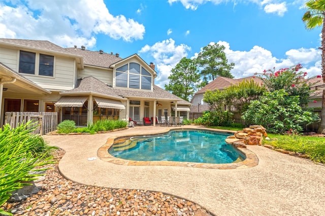 view of swimming pool featuring a fenced in pool, a patio area, and a fenced backyard