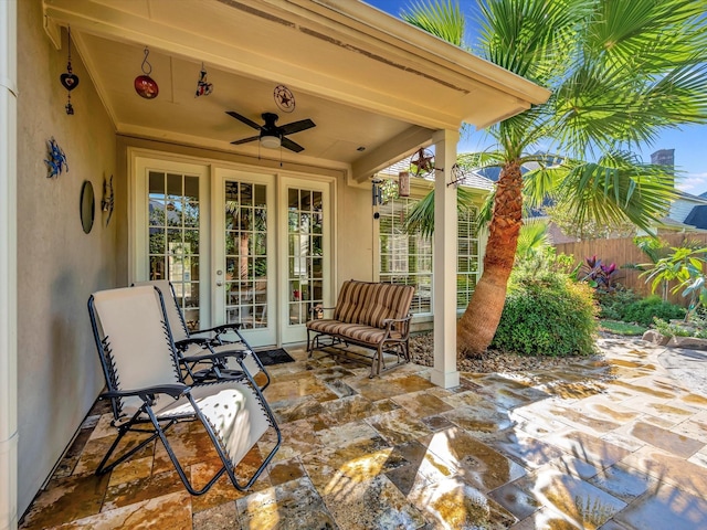 15415 Parkwood Way, Houston, TX 77059 - view of patio / terrace featuring french doors, ceiling fan, and fence