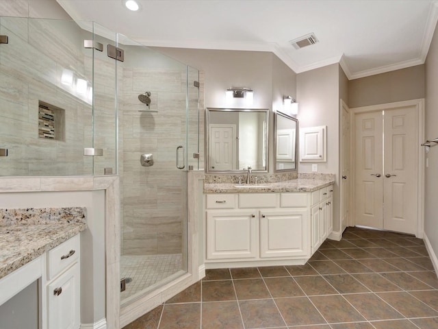 15415 Parkwood Way, Houston, TX 77059 - bathroom with vanity, ornamental molding, a stall shower, tile patterned floors, and visible vents
