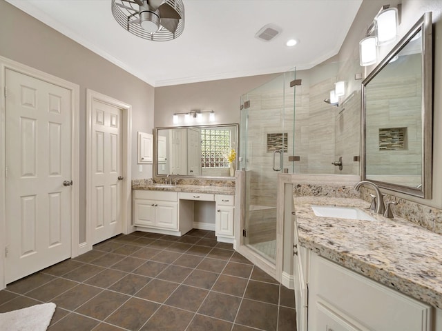 15415 Parkwood Way, Houston, TX 77059 - bathroom with tile patterned floors, a sink, a stall shower, and two vanities