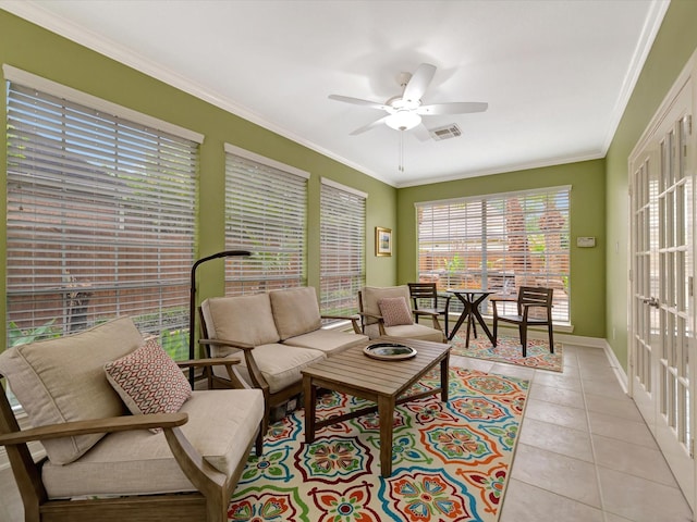 15415 Parkwood Way, Houston, TX 77059 - living area with crown molding, visible vents, a ceiling fan, and light tile patterned floors