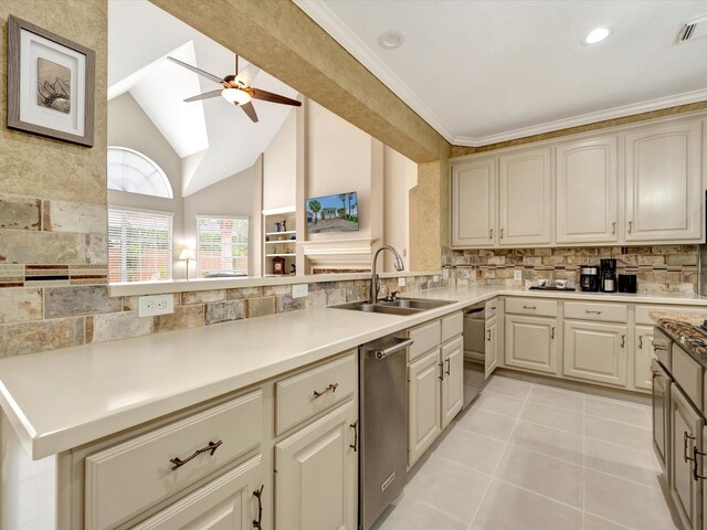 15415 Parkwood Way, Houston, TX 77059 - kitchen with a ceiling fan, decorative backsplash, stainless steel dishwasher, dishwashing machine, and a sink