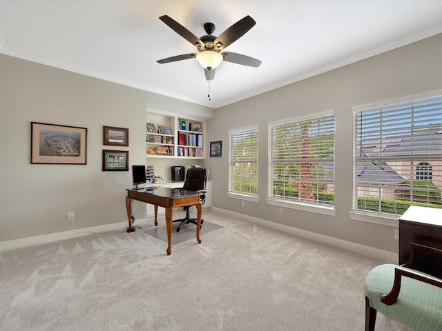 15415 Parkwood Way, Houston, TX 77059 - carpeted home office with built in features, baseboards, ornamental molding, and ceiling fan