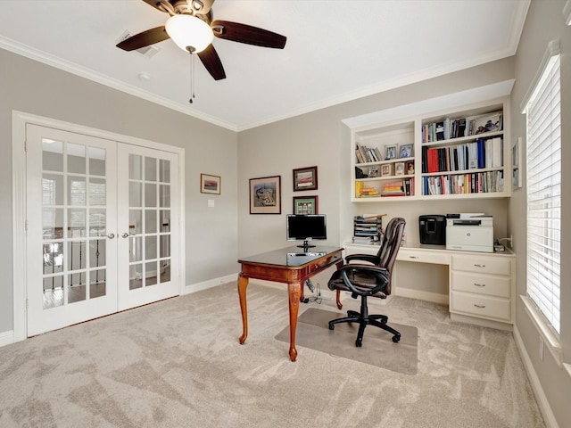 15415 Parkwood Way, Houston, TX 77059 - home office with a wealth of natural light, french doors, light colored carpet, and crown molding