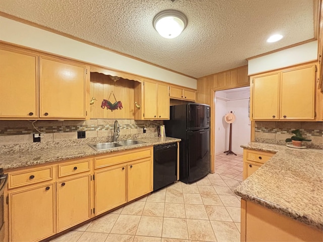 kitchen featuring tasteful backsplash, a sink, a textured ceiling, black appliances, and ornamental molding