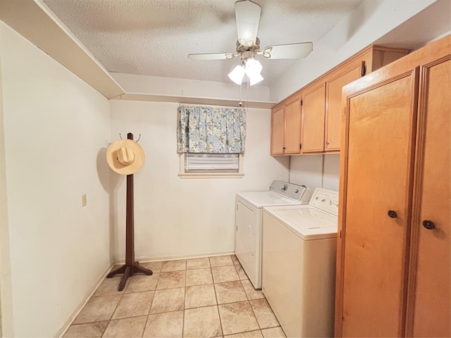 clothes washing area with independent washer and dryer, baseboards, cabinet space, a textured ceiling, and ceiling fan