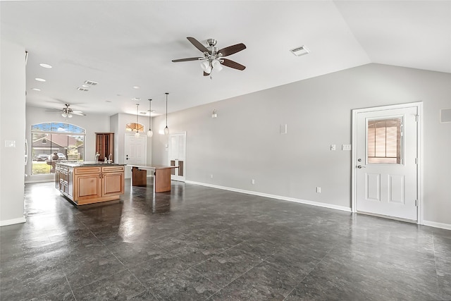 18510 Bluffview Dr, Crosby, TX 77532 - living room featuring visible vents, a ceiling fan, baseboards, and lofted ceiling