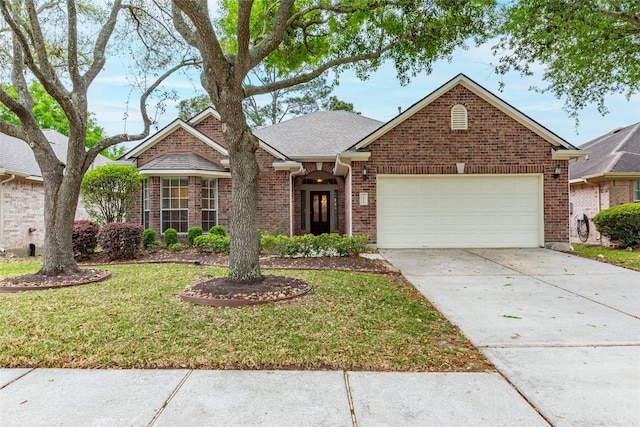 view of front of house featuring concrete driveway, a garage, a front lawn, brick siding, and a shingled roof