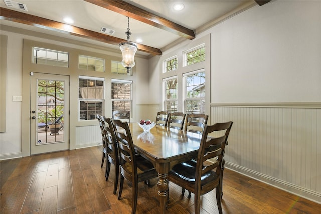 dining area featuring wainscoting, dark wood-style floors, beamed ceiling, and visible vents
