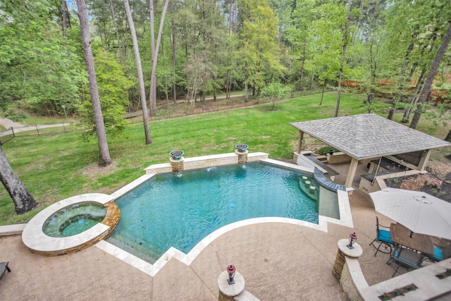 view of swimming pool featuring a gazebo, a pool with connected hot tub, and a patio area