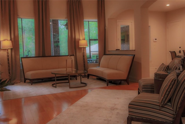 living area with wood finished floors, healthy amount of natural light, recessed lighting, and arched walkways
