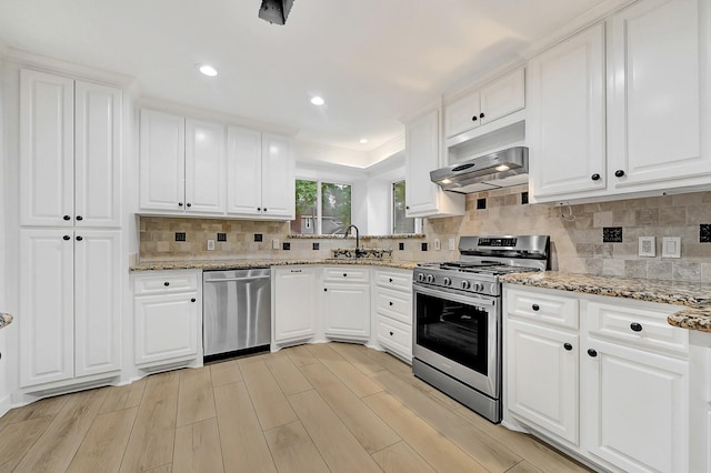 kitchen with exhaust hood, decorative backsplash, appliances with stainless steel finishes, a sink, and white cabinetry