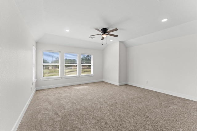 12126 Guadalupe Trail Ln, Humble, TX 77346 - unfurnished room featuring vaulted ceiling, carpet floors, a ceiling fan, baseboards, and recessed lighting