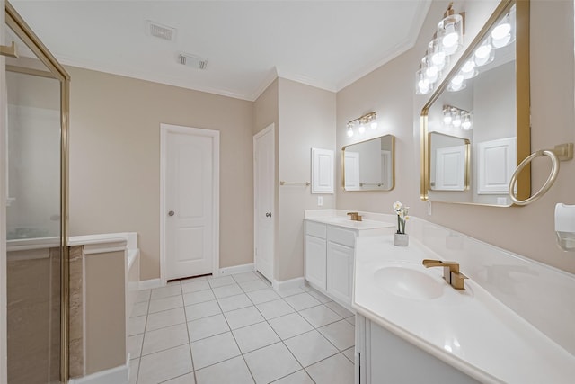 1218 Ventura Canyon Dr, Katy, TX 77494 - bathroom featuring double vanity, tile patterned flooring, crown molding, visible vents, and a sink