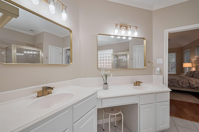 1218 Ventura Canyon Dr, Katy, TX 77494 - ensuite bathroom featuring vanity, ornamental molding, a stall shower, tile patterned floors, and ensuite bath