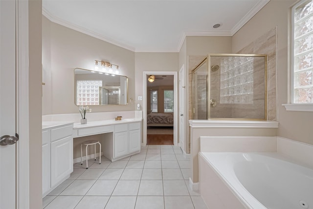 1218 Ventura Canyon Dr, Katy, TX 77494 - bathroom with ensuite bath, a stall shower, crown molding, and vanity