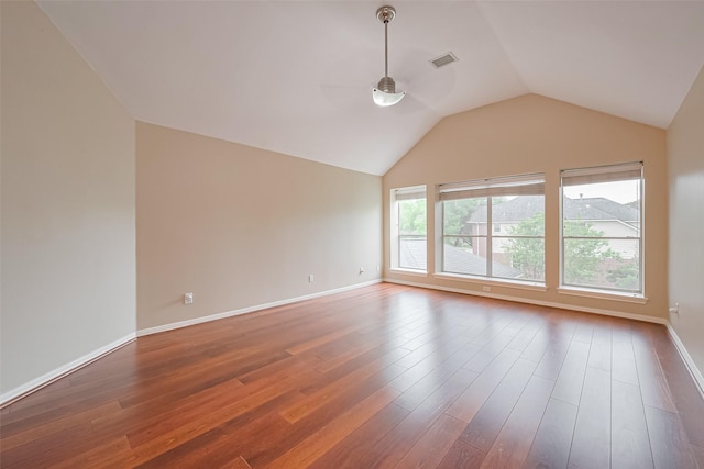 1218 Ventura Canyon Dr, Katy, TX 77494 - empty room with ceiling fan, baseboards, wood finished floors, and lofted ceiling