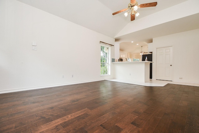 unfurnished living room featuring ceiling fan, hardwood / wood-style floors, baseboards, and high vaulted ceiling