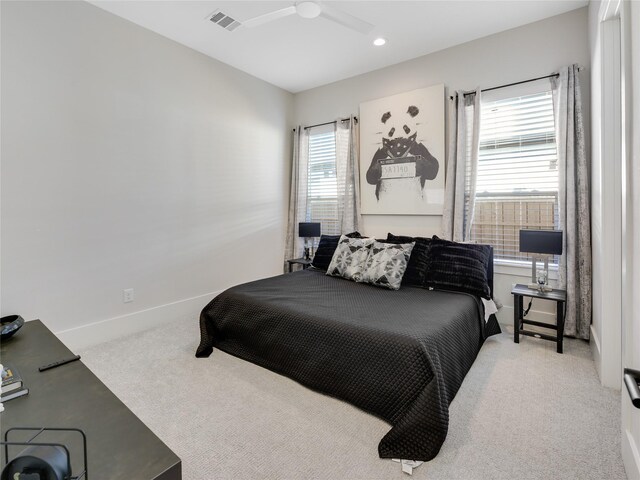 10114 Mariner Oaks Dr, Missouri City, TX 77459 - bedroom featuring carpet flooring, a ceiling fan, baseboards, visible vents, and recessed lighting