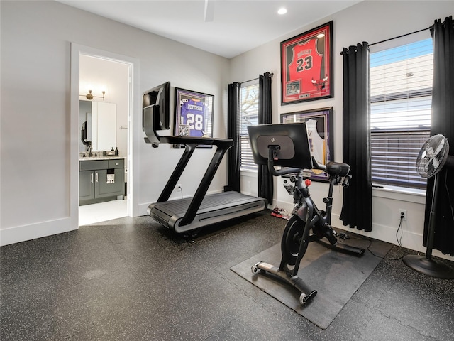 10114 Mariner Oaks Dr, Missouri City, TX 77459 - exercise area featuring baseboards and a healthy amount of sunlight