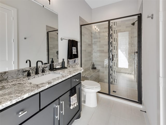 10114 Mariner Oaks Dr, Missouri City, TX 77459 - bathroom featuring a shower stall, toilet, tile patterned flooring, and vanity