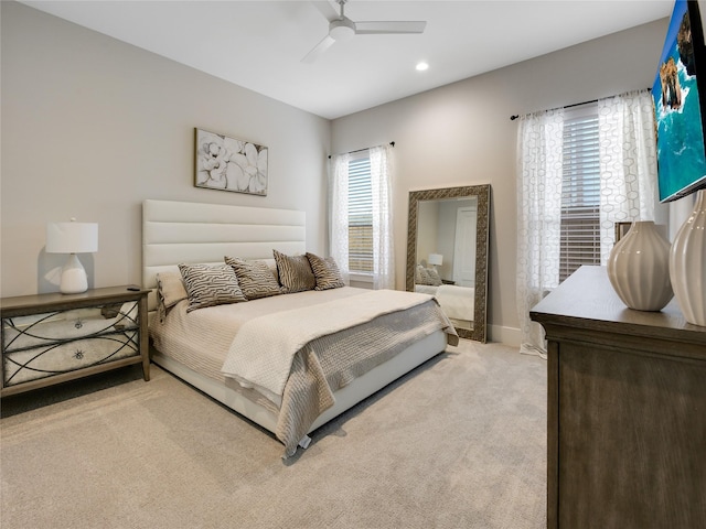 10114 Mariner Oaks Dr, Missouri City, TX 77459 - bedroom with light colored carpet, baseboards, recessed lighting, and a ceiling fan
