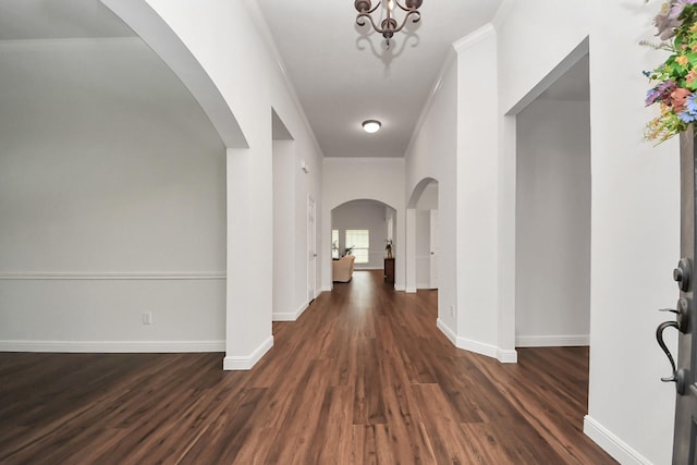 313 Overlook Dr, Friendswood, TX 77546 - hall with arched walkways, dark wood-style floors, baseboards, and crown molding