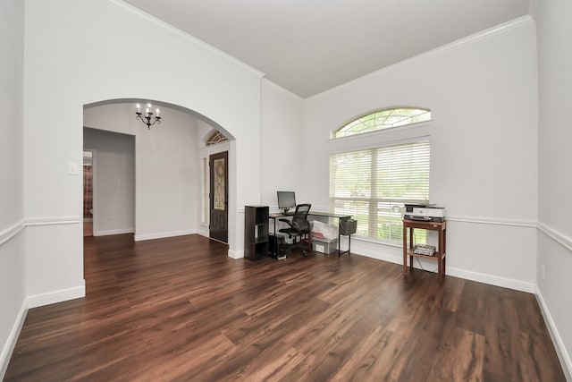 313 Overlook Dr, Friendswood, TX 77546 - unfurnished office with arched walkways, crown molding, baseboards, and wood finished floors