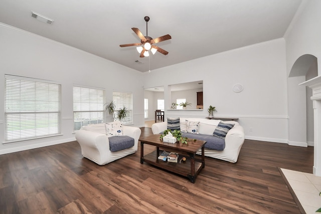 313 Overlook Dr, Friendswood, TX 77546 - living room with wood finished floors, visible vents, ornamental molding, and ceiling fan
