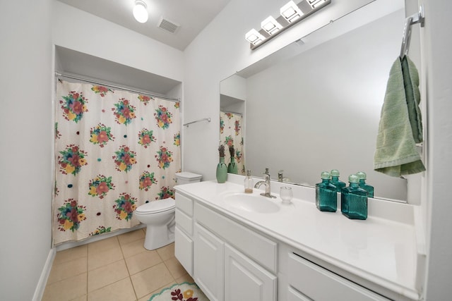 313 Overlook Dr, Friendswood, TX 77546 - bathroom with a shower with shower curtain, toilet, vanity, tile patterned flooring, and visible vents