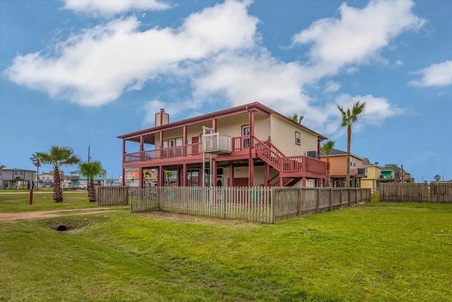 702 Surf Dr, Surfside Beach, TX 77541 - rear view of property featuring a chimney, a yard, stairway, a wooden deck, and a fenced backyard