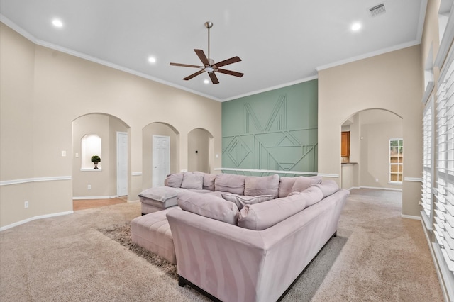 living room with visible vents, ceiling fan, recessed lighting, and light carpet