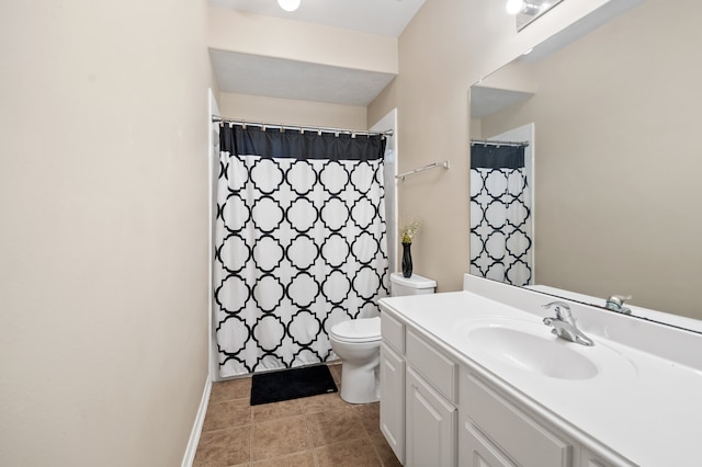 bathroom with toilet, curtained shower, vanity, and tile patterned flooring