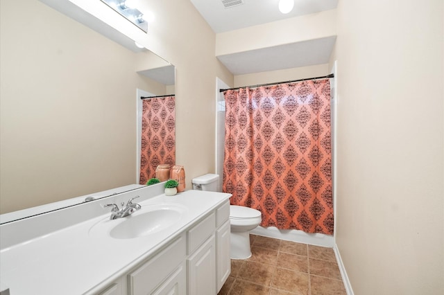 bathroom with tile patterned floors, a shower with shower curtain, toilet, vanity, and visible vents