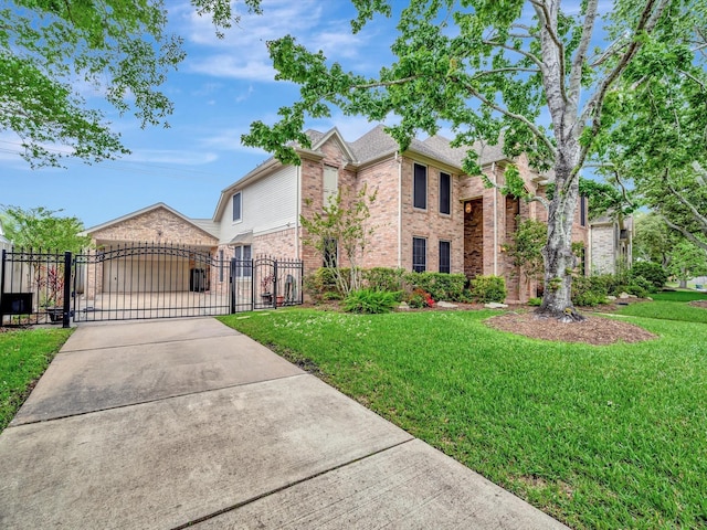 view of front of house featuring a gate, fence, a front yard, brick siding, and driveway