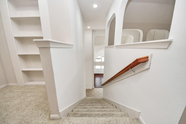 6423 Middlelake Ct, Katy, TX 77450 - stairs with baseboards, built in shelves, and recessed lighting