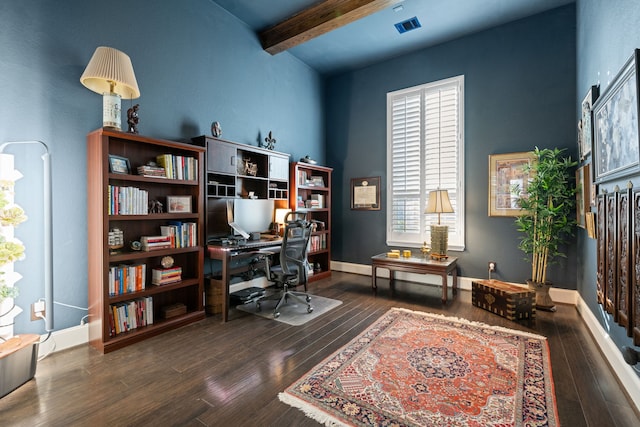 19843 Quarry Stone Ln, Richmond, TX 77407 - office area with beamed ceiling, hardwood / wood-style floors, high vaulted ceiling, and baseboards