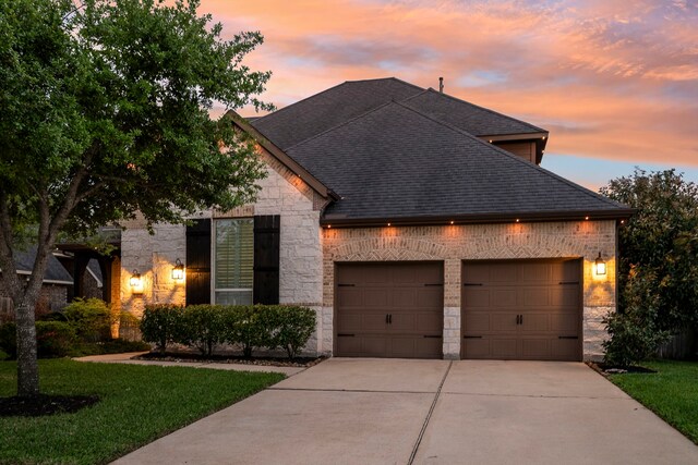 view of front facade with concrete driveway, stone siding, a shingled roof, a yard, and a garage